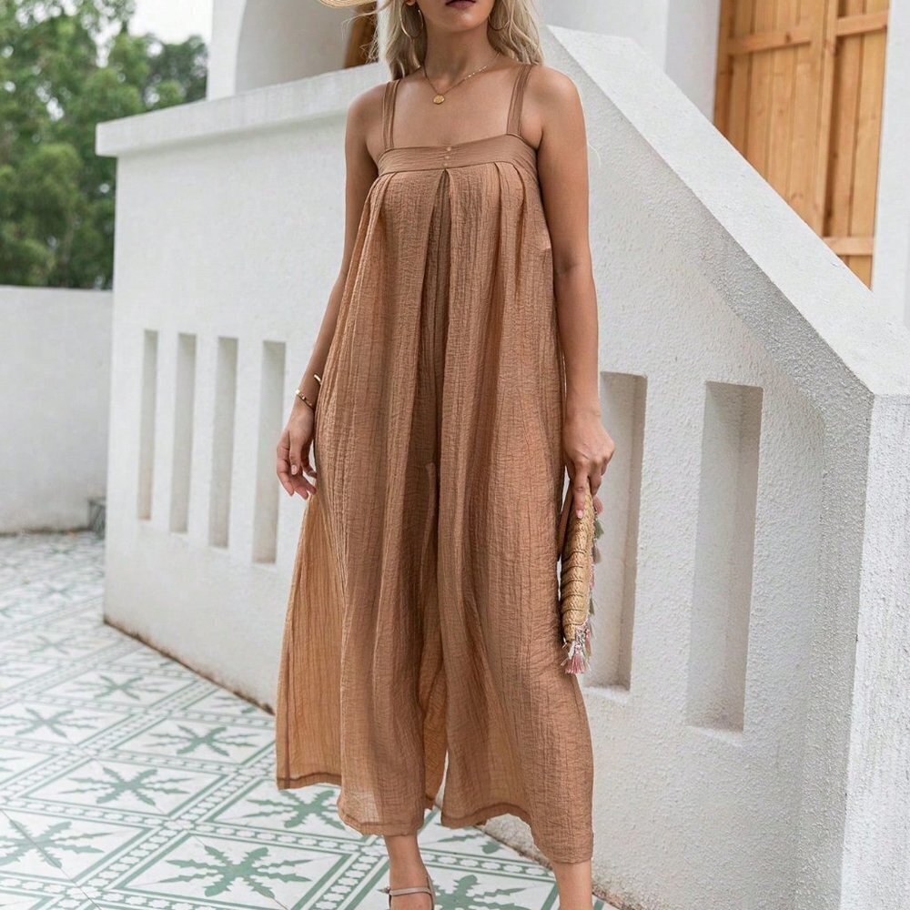 Khaki Casual Womens Solid Wide Leg Cami Jumpsuit